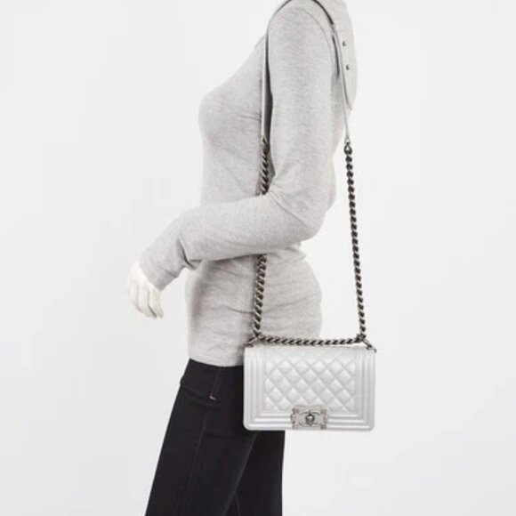 Chanel Silver Quilted Lambskin Leather Small Boy Bag - Picture 2 of 9